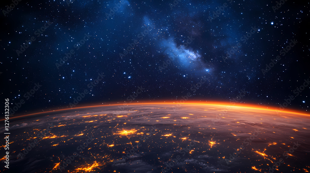 Obraz premium Earth from Space: A Peaceful Horizon with City Lights Amidst the Stars