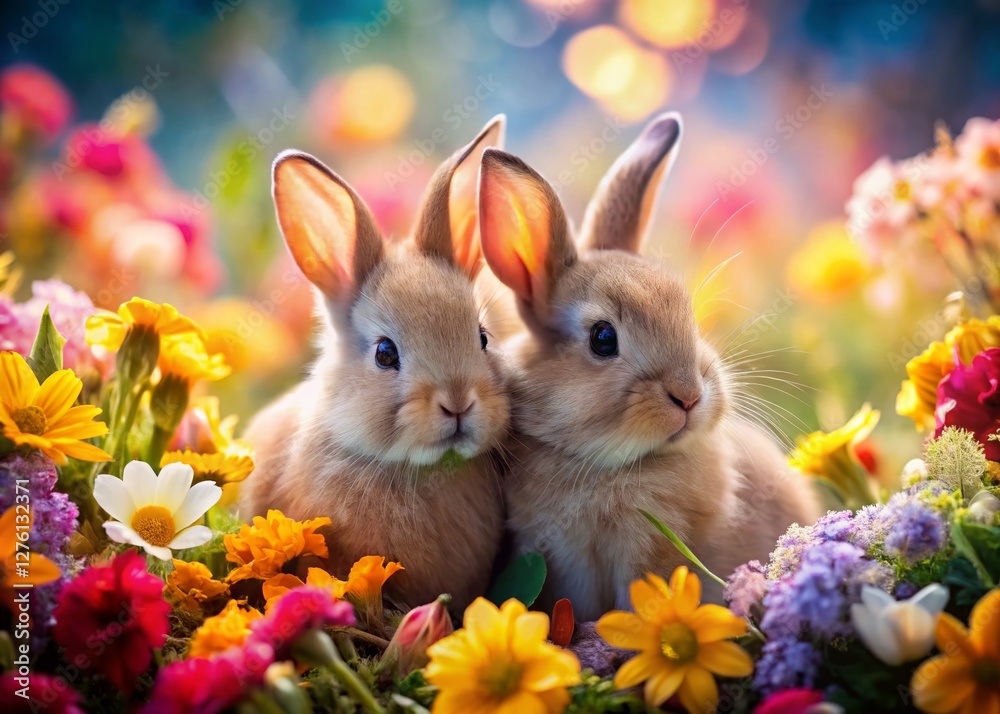 Cute Rabbit Couple Valentine's Day Flowers - Romantic Stock Photo Cute Rabbit Couple Valentine's Day Flowers - Romantic Stock Photo