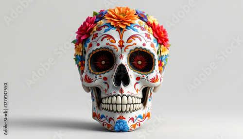 Elaborately decorated sugar skull adorned with colorful flowers