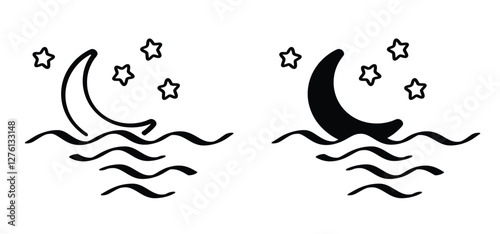 Cartoon drawing moon or moonlight and stars. Night starry sky with moon and water. Weather tools. Water, sea surface. Downwards or upwards wave logo. Crescent moon with star icon.