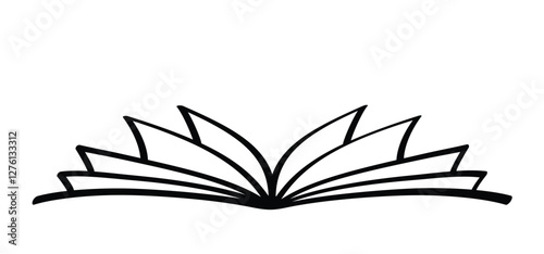 Cartoon open book and pages. Education concept. Line drawing. Opened books sign. Book store logo. Flying pages.