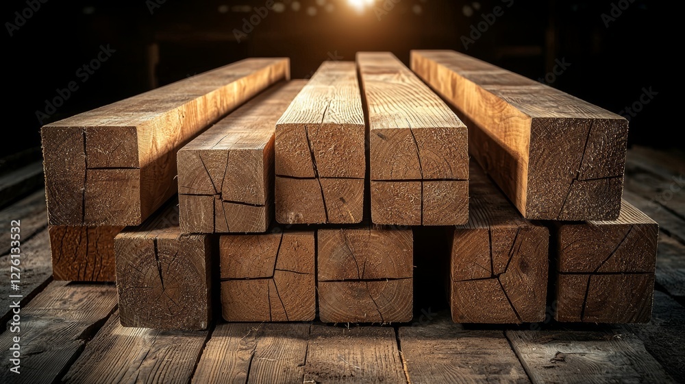 Obraz premium Stack of Rough Hewn Square Timber Workshop Woodcraft Indoor Close-up View Craftsmanship and Texture