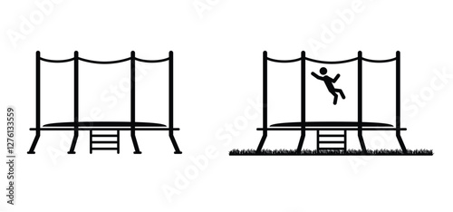Jump or jumping trampoline. Cartoon inflatable castle or bouncy castle logo. Amusement park, playground  for kids. Children playing. Fly or flying on circus. Gym on school. Have fun on vacation.