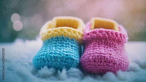 Baby booties, gender reveal, soft, delicate, on a fluffy surface, photo, use for announcements, or general baby items