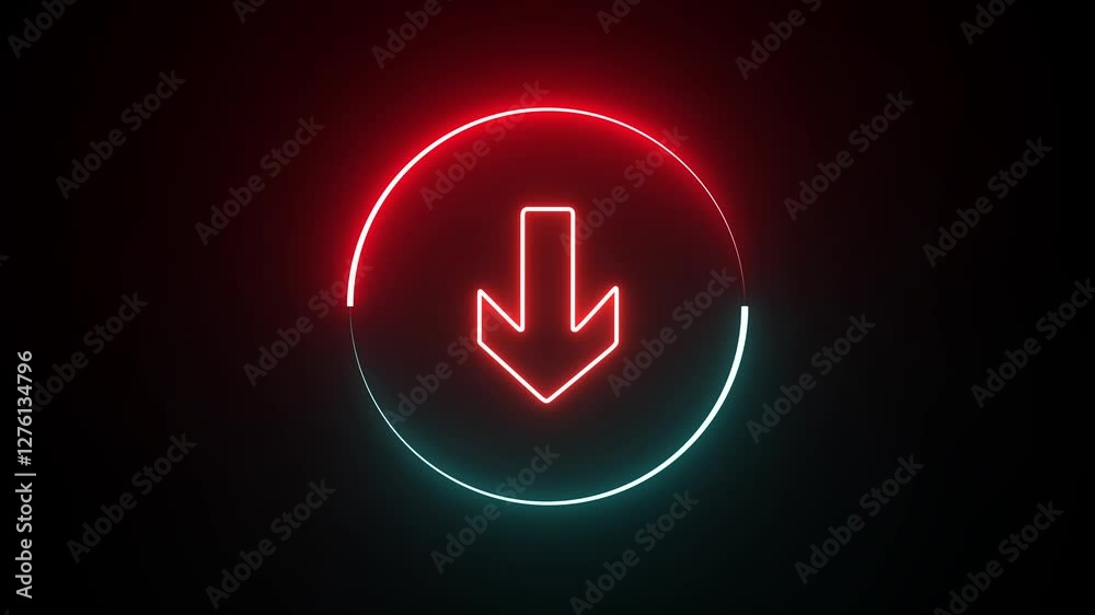 Abstract glowing neon down arrow icon animation . red color arrow symbol .. Neon upload arrow icon animation on 4k  motion video,  isolated on black background