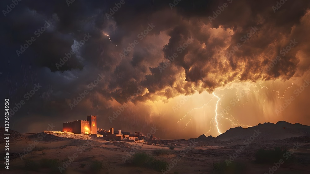 Fototapeta premium Dramatic lightning storm illuminating an ancient fortress against a dark, stormy sky at dusk