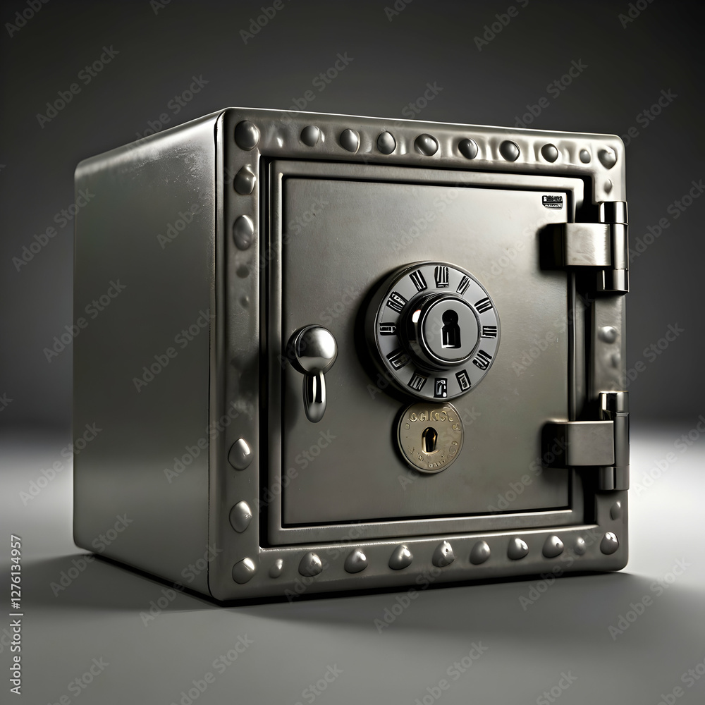 A metal safe with a lock, depicted in full detail. The safe should have a sturdy, metallic body with a combination lock or a digital keypad on the front. The edges should be sharp and precise. A metal safe with a lock, depicted in full detail. The safe should have a sturdy, metallic body with a combination lock or a digital keypad on the front. The edges should be sharp and precise.