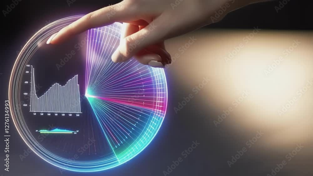 Professional businesswoman navigating holographic financial chart, manually interacting with futuristic digital interface displaying data visualization and market analytics