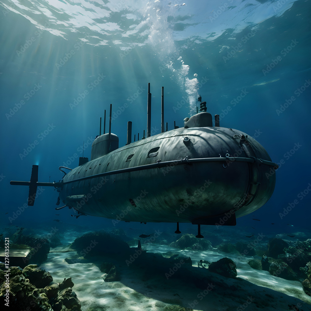 A military submarine submerged underwater, depicted in full view with its entire body visible beneath the surface. The submarine should have a long, cylindrical design, with a conning tower. A military submarine submerged underwater, depicted in full view with its entire body visible beneath the surface. The submarine should have a long, cylindrical design, with a conning tower.