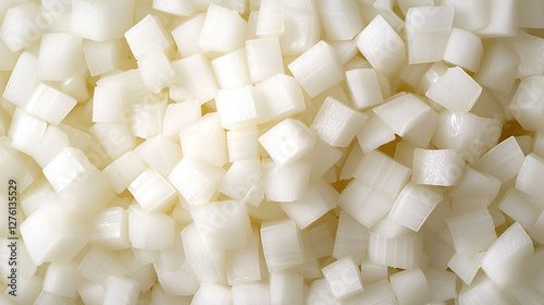 A pile of freshly chopped onions evenly diced and glazed