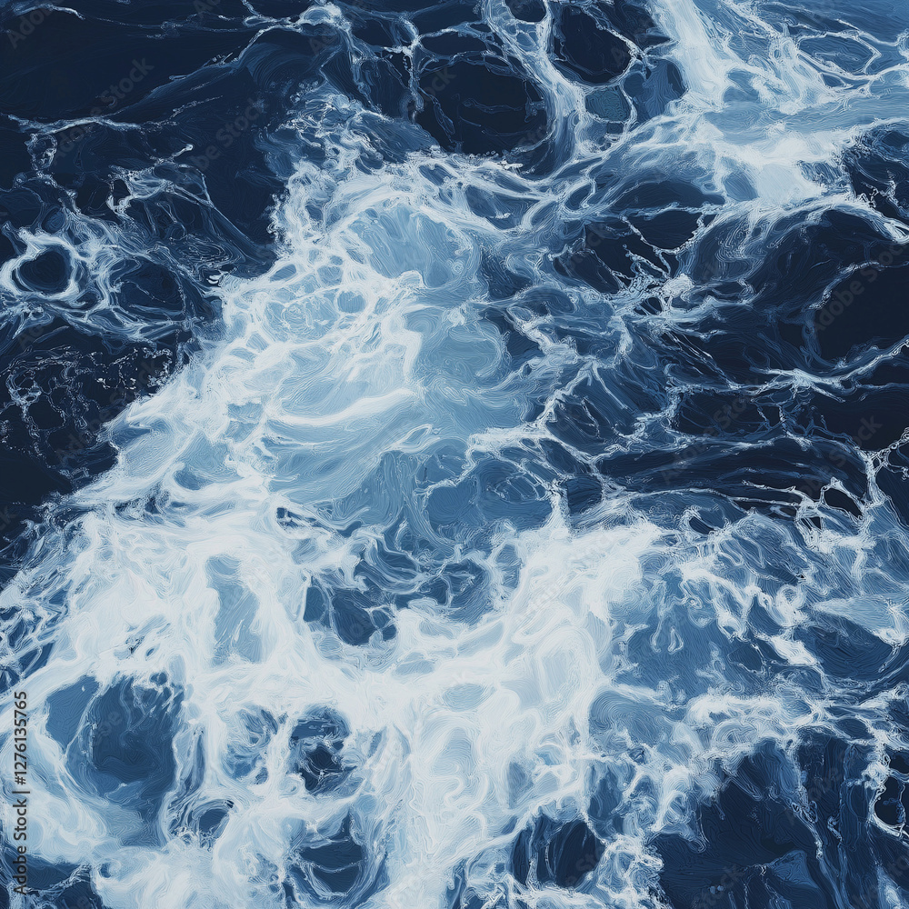 Obraz premium Photorealistic sea background with deep blue and white waves, gentle ripples, and natural water reflections, capturing the serene and dynamic beauty of the ocean for tranquil and refreshing designs
