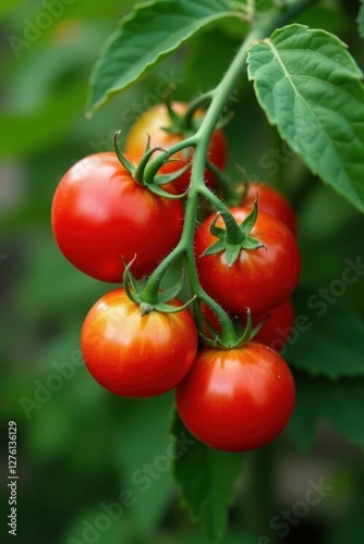 Compact red tomato plant laden with ripe fruit , vegetable, juicy