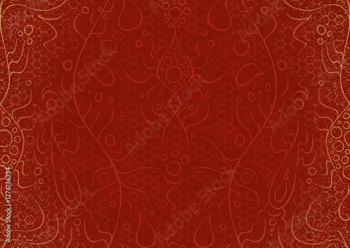 Hand-drawn unique abstract ornament. Light red on a bright red background, with vignette of same pattern and splatters in golden glitter. Paper texture. Digital artwork, A4. (pattern: p13-2a)