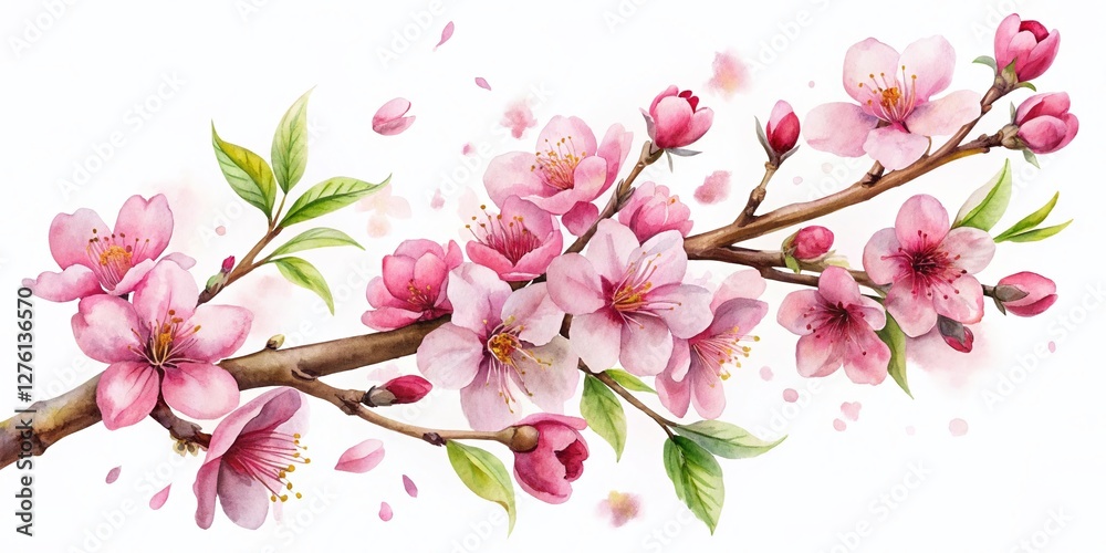 Fototapeta premium Delicate Pink Cherry Blossom Branch Watercolor Painting, Isolated on White Background - Spring Floral Art