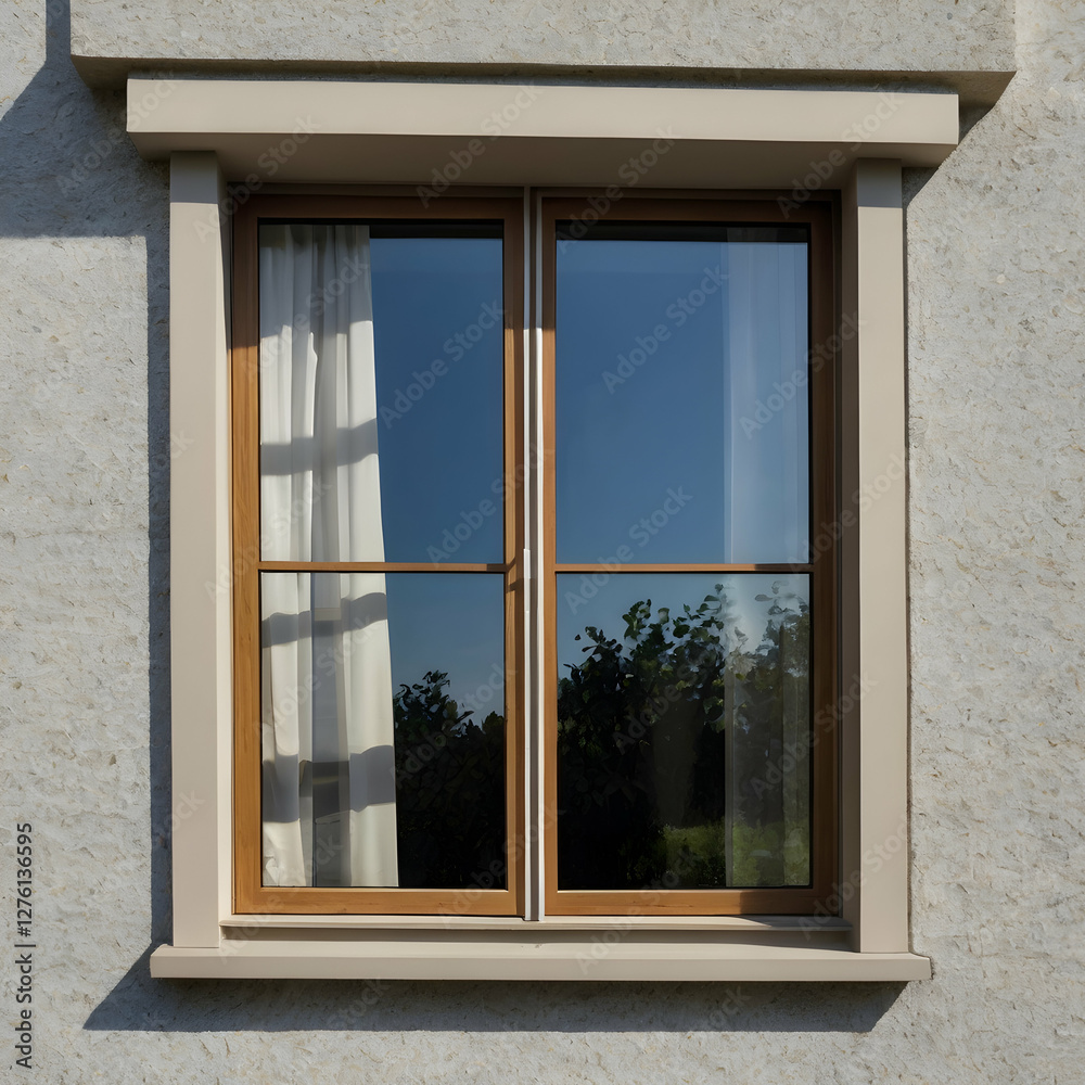 A modern and minimal house window depicted in full detail, featuring sleek black frames and clear glass, set against a neutral-toned contemporary facade. The clean lines and simple design emphasize.