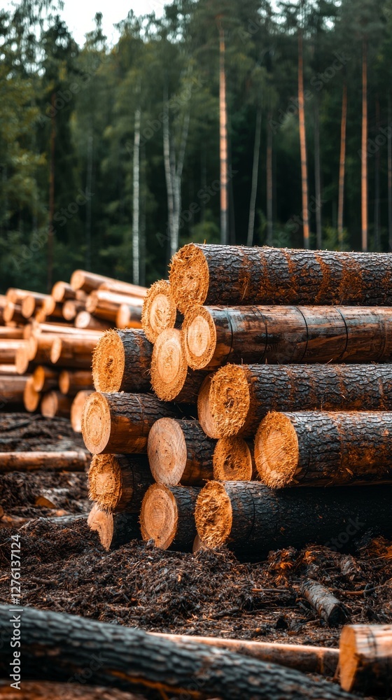Timber Stacking Process in Lush Forest Wood Industry Natural Environment Ground Level View Sustainable Practices Timber Stacking Process in Lush Forest Wood Industry Natural Environment Ground Level View Sustainable Practices