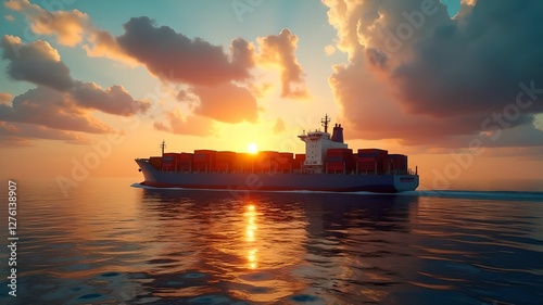 Cargo ship sails at sunset, transporting goods through calm waters near coastline