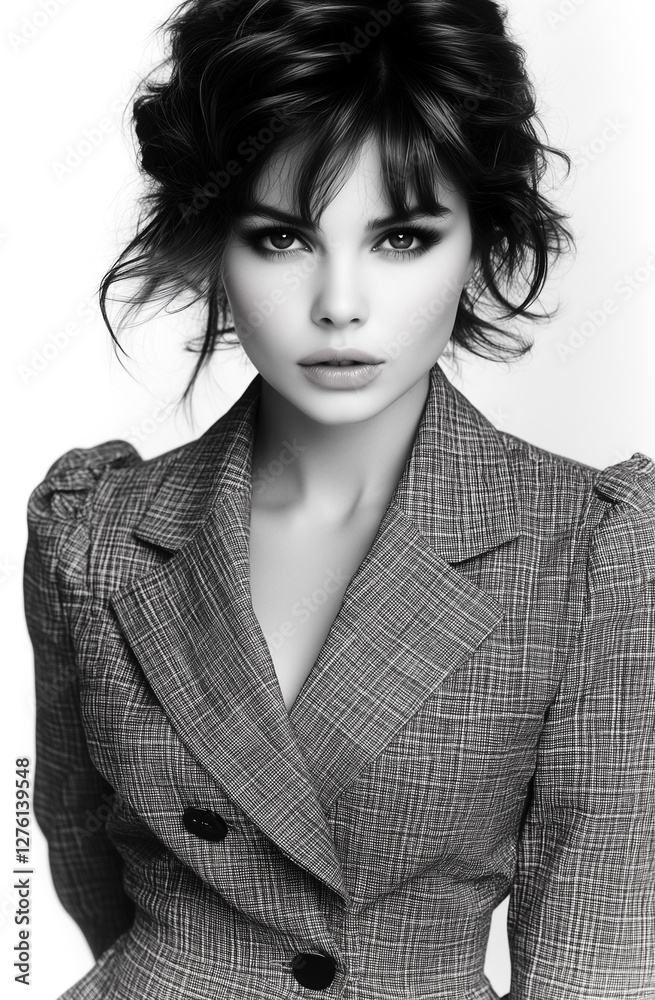 Black-and-white photography of a beautiful blonde woman with short hair wearing a leopard-print blazer, a portrait fashion photoshoot. Black-and-white photography of a beautiful blonde woman with short hair wearing a leopard-print blazer, a portrait fashion photoshoot.
