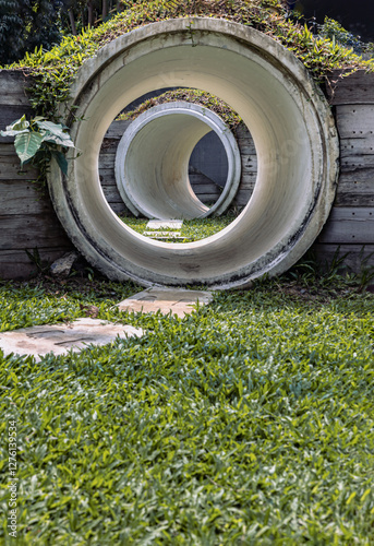 Outdoor playground with The kid's playing tunnel with Grass mound on top in the park for children. Park concrete tunnel made for Children's play as a rabbit, ducking through its numerous burrows.