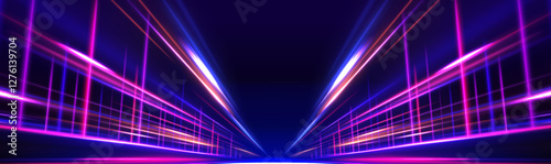 Image of speed motion on the road with blue and purple neon glow colors. Abstract background showcasing high-speed light in a futuristic technology concept. Perfect for panoramic light backgrounds.