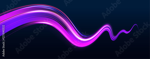 Long exposure, light painting photography. Vibrant streaks of neon blue and pink color against a black background. Vector dark blue abstract background with ultraviolet neon glow, blurry light lines.