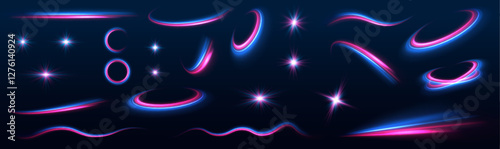 Set of bright yellow light effects: stars, sun, flash, scroll lines for Christmas holidays. Lines in the shape of a comet against a dark background. Abstract vector fire circles, sparkling swirls.