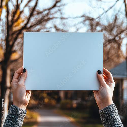 Someone holding a big white cardboard in front of a suburban house.