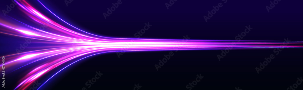 Fototapeta premium Sports light lines with neon effect in hay red and pink. Energy flow tunnel. Vector dark blue abstract background with ultraviolet neon glow, blurry light lines, waves. Abstract futuristic background.