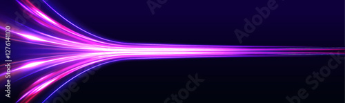 Sports light lines with neon effect in hay red and pink. Energy flow tunnel. Vector dark blue abstract background with ultraviolet neon glow, blurry light lines, waves. Abstract futuristic background.