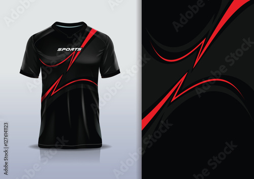 Modern Athletic Jersey Mockup, A dynamic t-shirt mockup featuring an abstract curve line, designed for football, soccer, racing, esports, and running in a sleek red black color