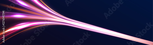 Sports light lines with neon effect in hay red and pink. Energy flow tunnel. Vector dark blue abstract background with ultraviolet neon glow, blurry light lines, waves. Abstract futuristic background.