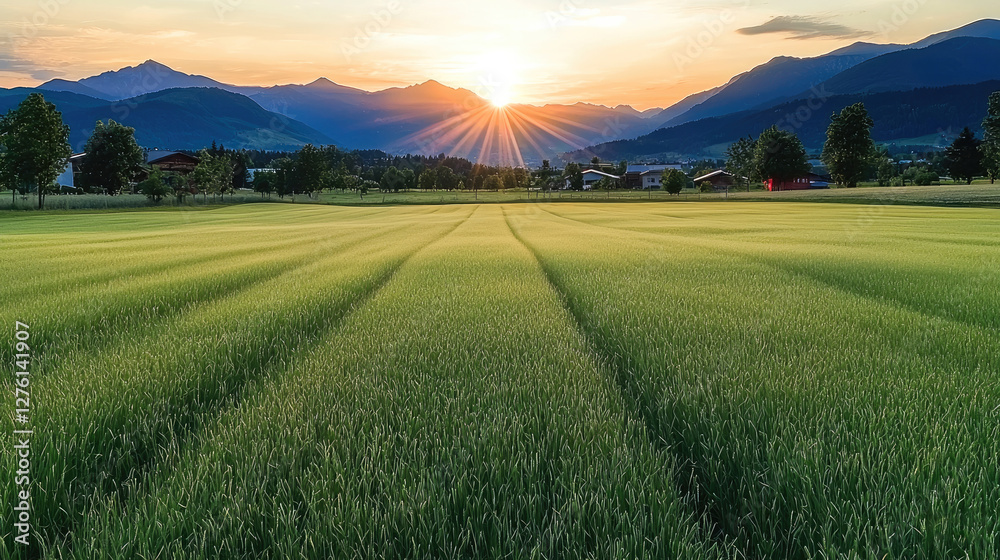 Obraz premium An early morning village, the sun slowly rises from behind the eastern mountains, the golden morning light fills the earth, and the air is filled with the fragrance of grass and wild flowers.