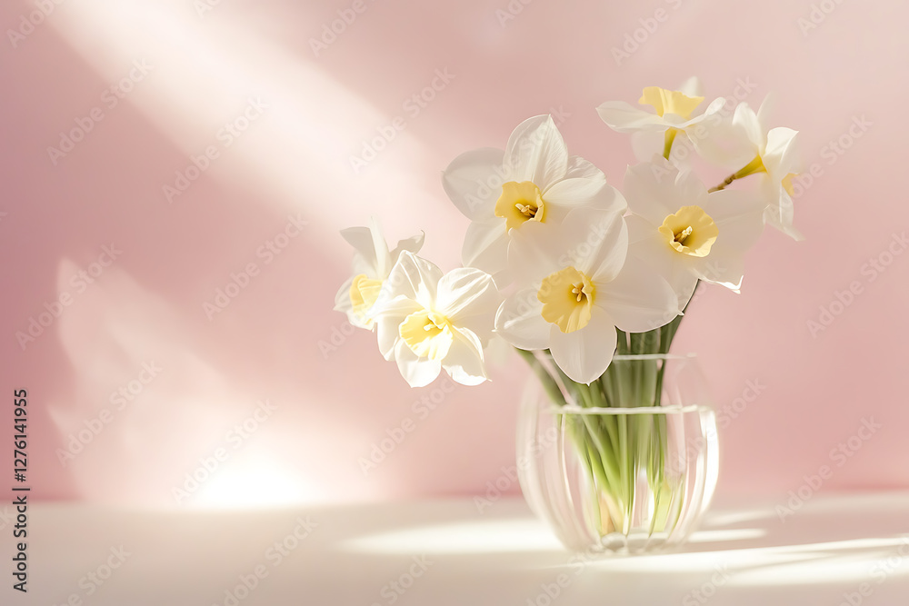 custom made wallpaper toronto digitalA bouquet of white daffodils in a glass vase on a pink background bathed in sunlight