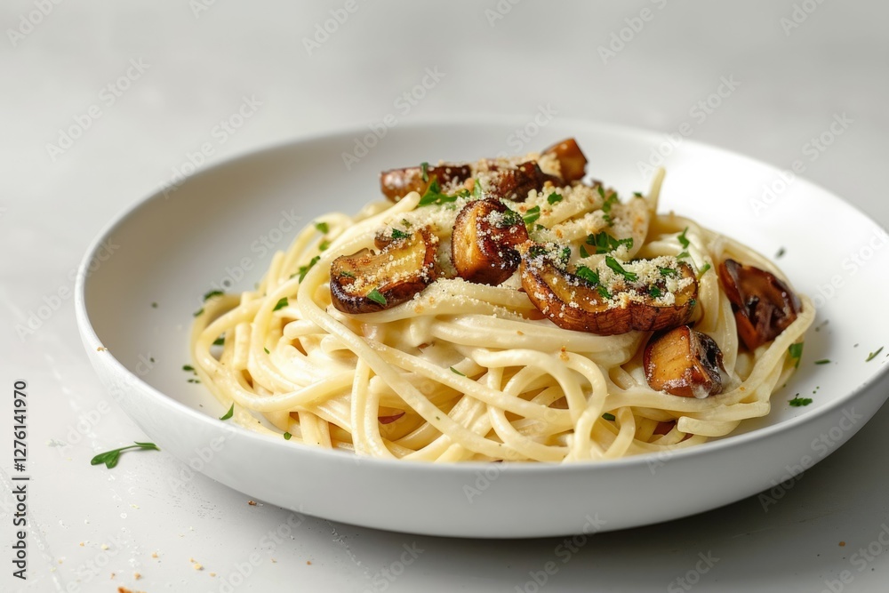 Mushroom spaghetti in white bowl, soft natural light. AI image Mushroom spaghetti in white bowl, soft natural light. AI image
