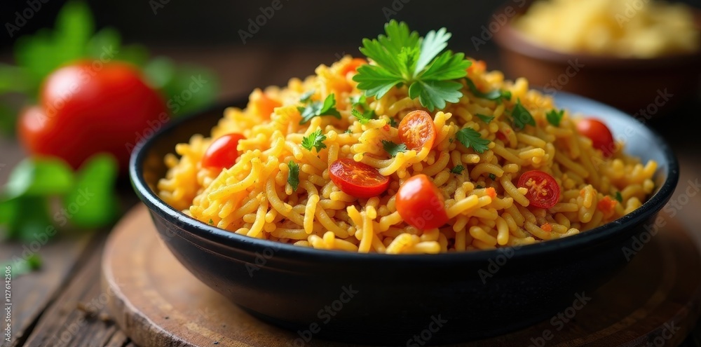 Large karahi overflowing with vibrant vegetable biryani, homemade, biryani