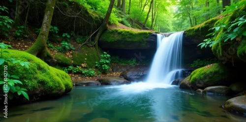 A tranquil waterfall flows over moss-covered rocks in a dense forest, leaf, plant, peaceful