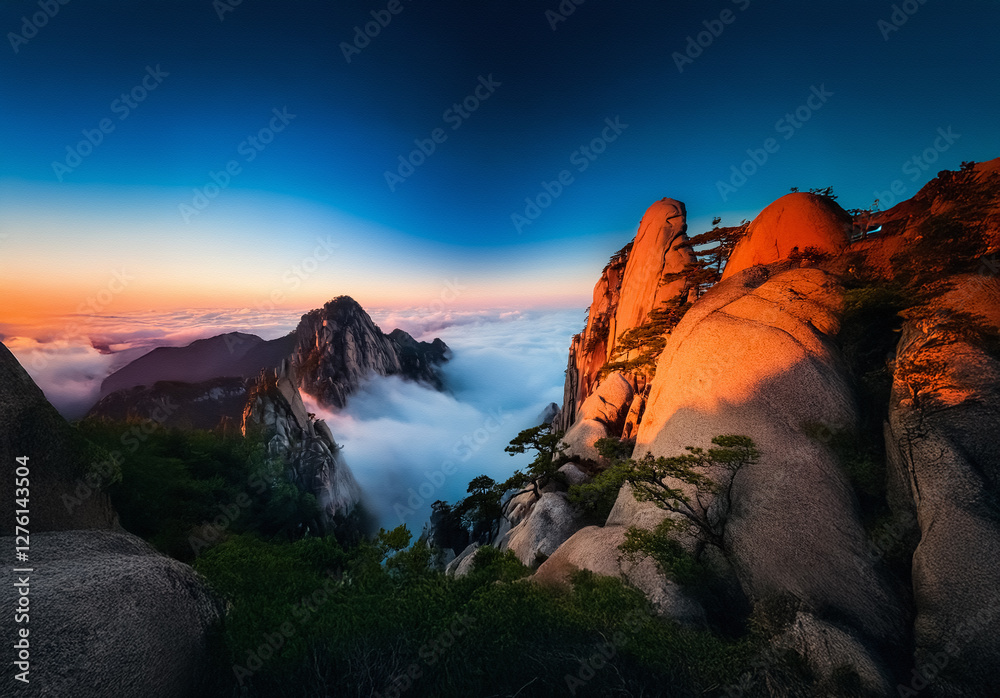 Fototapeta premium Mountain peaks pierce through clouds at sunset. Golden light bathes rocky slopes as the sky blends blue and orange hues. A scenic, tranquil vista.