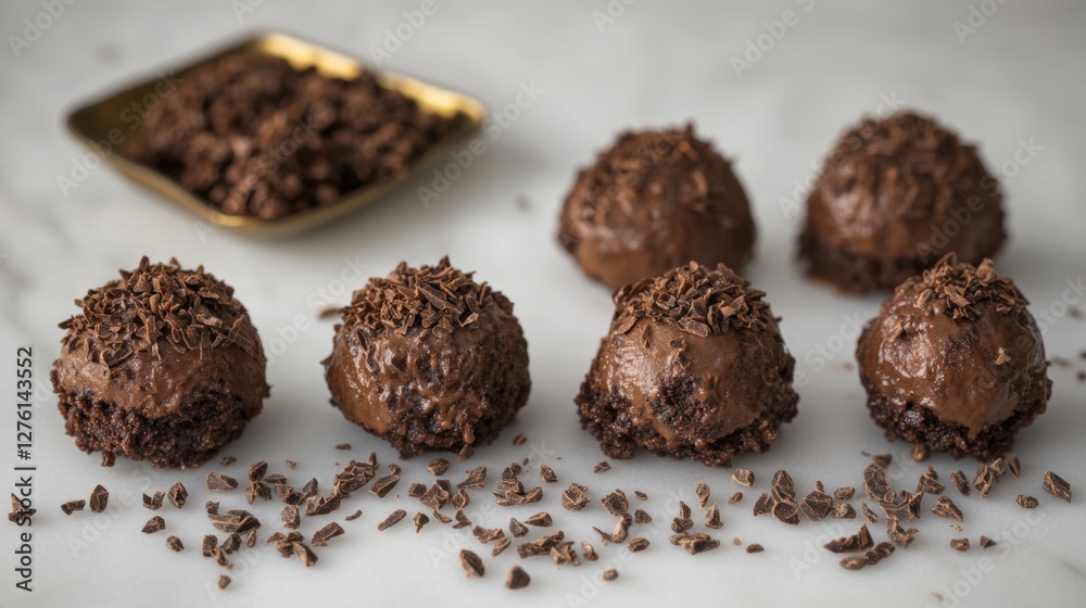 Chocolate Truffles Adorned with Cocoa Powder on a Marble Countertop Background Chocolate Truffles Adorned with Cocoa Powder on a Marble Countertop Background