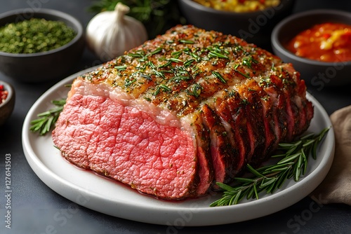 Gourmet Herb-Crusted Roast Beef with Rosemary for Holiday Feasts and Culinary Displays photo