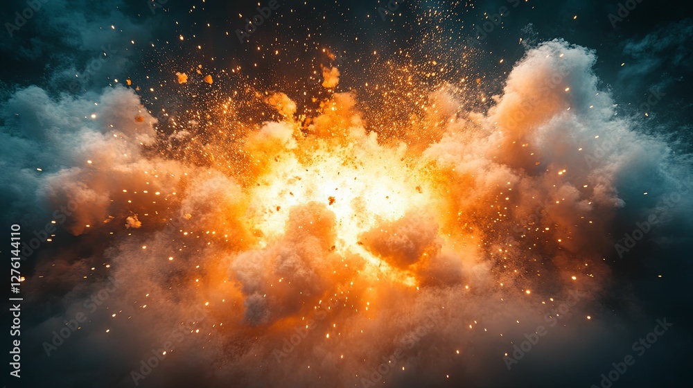 Fiery Explosion With Smoke And Sparks In The Dark Fiery Explosion With Smoke And Sparks In The Dark