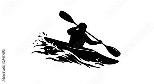 Kayaking Silhouette on White - Dynamic Vector Illustration of Paddler in Action, Ideal for Outdoor Adventure and Sport Graphics.