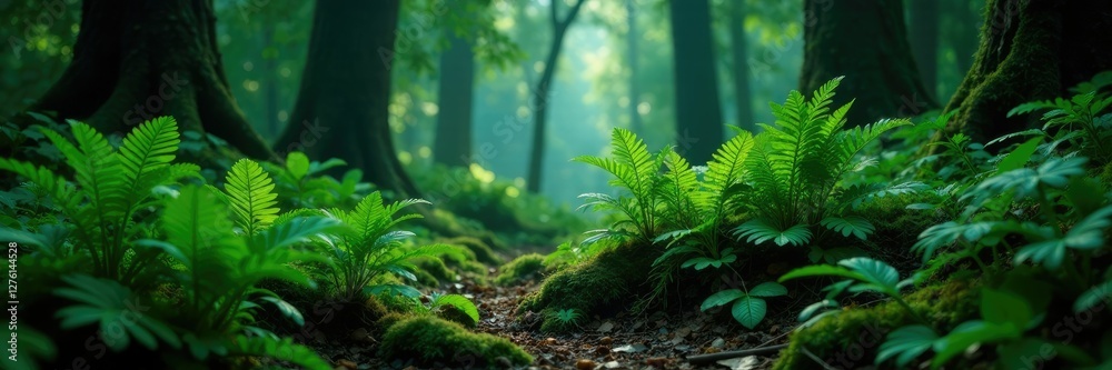 Fototapeta premium Dark forest floor with clusters of tropical ferns, verdant landscapes, dense undergrowth, forest ground