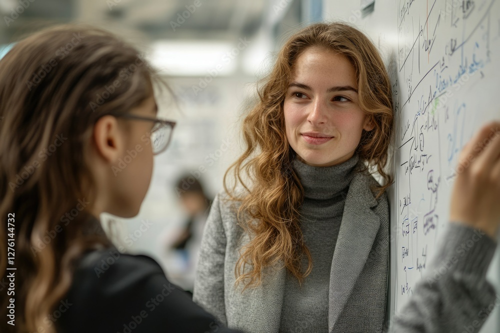 Two young women collaborate on a whiteboard, brainstorming ideas and solutions together. Two young women collaborate on a whiteboard, brainstorming ideas and solutions together.