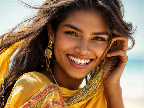 Beautiful Indian woman wearing traditional attire with intricate patterns, showcasing cultural elements and elegance. Hair flowing gracefully, conveying confidence and charm in a serene outdoor settin photo