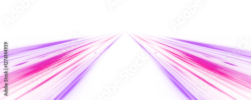 Panoramic high speed technology concept, neon lines on white transparent background in PNG format.	