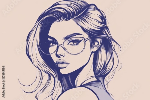 Young woman with stylish glasses and long hair poses gracefully against a soft background