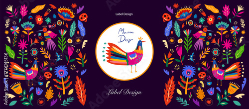 Mexican label design. Beautiful vector banner with design for Mexican holiday 5 may Cinco De Mayo. Vector template with traditional Mexican symbols.