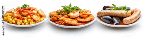 Three plates of appetizing food shrimp with tomato sauce and pasta, shrimp in a rich sauce, and grilled sausages with mussels.  Garnished with fresh