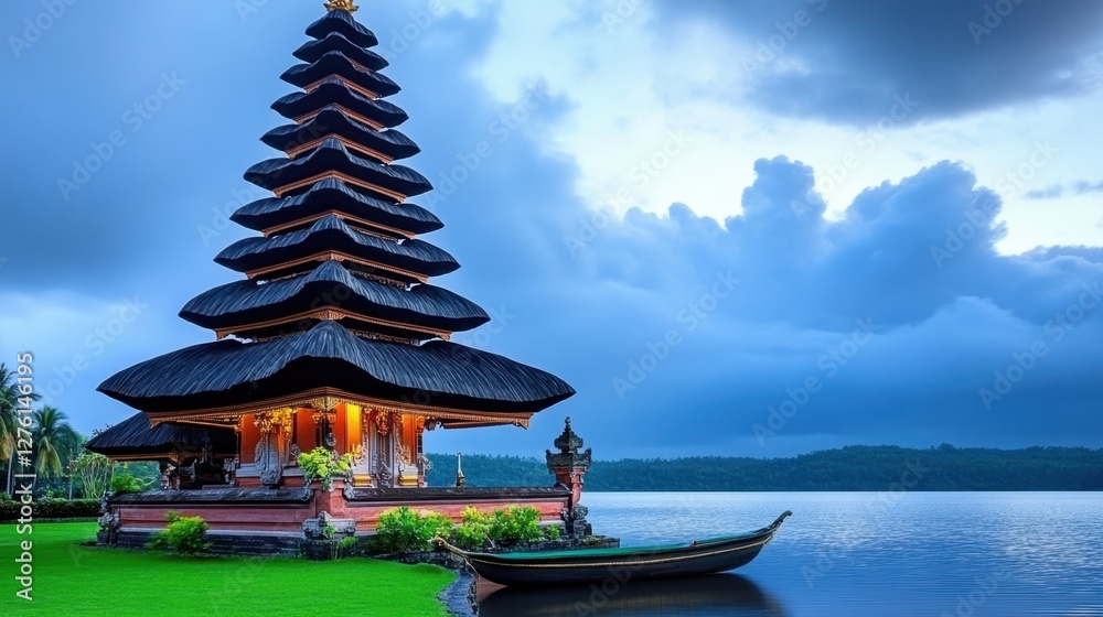 Obraz premium Captured at twilight, the image features a tiered pagoda style temple by a tranquil lake, reflecting a serene atmosphere against a backdrop of
