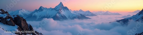 Frosty peaks piercing through the veil of misty dawn, landscape, rocky, misty